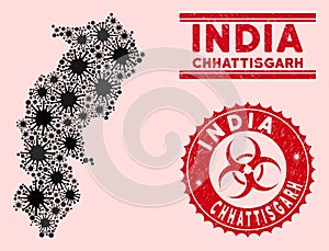 Coronavirus Mosaic Chhattisgarh State Map with Textured Biohazard Watermarks