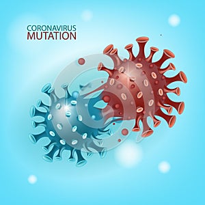 Coronavirus mutation vector background with COVID-19 molecules on blue.