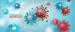 Coronavirus mutation vector background with disease molecules on blue.