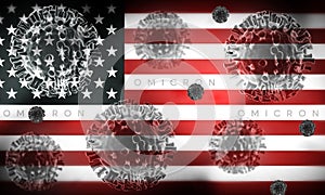 Coronavirus Omicron Variant in United States with Flag and Virus Icon. Covid-19 precautionary measures concept backdrop