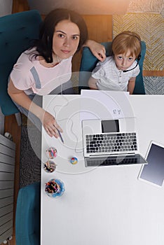 Coronavirus Outbreak. Lockdown and school closures. Mother helping her son studying online classes at home. COVID-19 pandemic