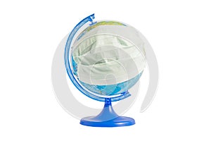 Coronavirus outbreak. World pandemia. Globe in medicine mask isolated on white background