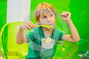 Coronavirus is over. Quarantine weakened. Take off the mask. Now you can eating a tasty ice cream or frozen yogurt in a