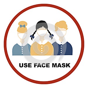 Coronavirus Pandemic children face mask sign. Stop, quarantine, attention Covid-19, 2019-nCoV Novel Coronavirus. Red sign