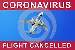 Coronavirus pandemic danger, covid 19 epidemic, air flights cancellation, airplane in the sky, airlines travel restrictions