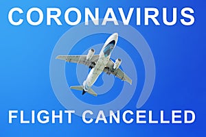 Coronavirus pandemic danger, covid 19 epidemic, air flights cancellation, airplane in the sky, airlines travel restrictions