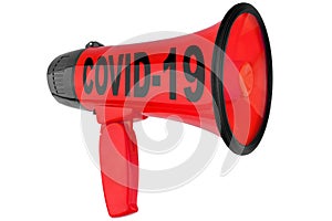 Coronavirus pandemic danger, covid 19 epidemic, red megaphone white background isolated closeup, loudspeaker icon alarm loudhailer