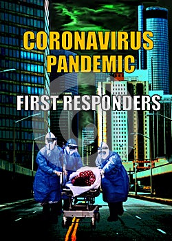 Coronavirus pandemic and first responders on an illustrated  photo