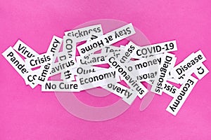 Coronavirus, pandemic headline clipping words on pink background