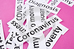 Coronavirus, pandemic headline clipping words on pink background