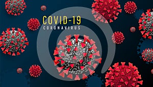 Coronavirus pandemic horizontal background with infected covid 19 cells or bacteria on a dark blue background. COVID-19, dangerous