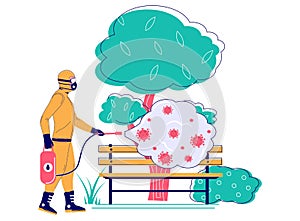 Coronavirus pandemic. Man in hazmat suit disinfecting city park bench, flat vector illustration. Disinfection services.