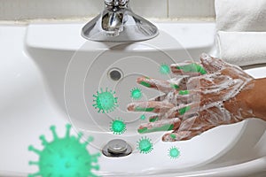 Coronavirus pandemic prevention wash hands with soap warm water,concept To prevent the covid-19