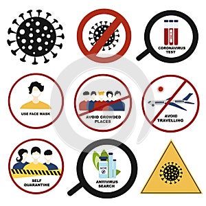 Coronavirus Pandemic sign set. Stop, quarantine, seaching antivirus Covid-19 , test, 2019-nCoV Novel Coronavirus , Cancellation of