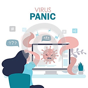 Coronavirus panic concept banner. Woman watches news about a new virus and is afraid of infection