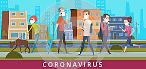 Coronavirus. People in city air nCoV virus protection walking in mask pollution vector healthcare medical concept