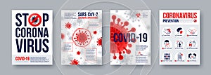 Coronavirus poster set with infographics elements. Novel coronavirus 2019-nCoV banners. Concept of dangerous Covid-19 pandemic.