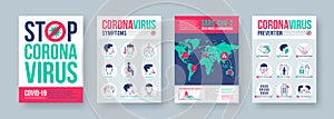 Coronavirus poster set with infographics elements. Novel coronavirus 2019-nCoV banners. Concept of dangerous Covid-19 pandemic.