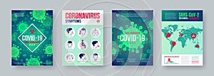 Coronavirus poster set with infographics elements. Novel coronavirus 2019-nCoV banners. Concept of dangerous Covid-19 pandemic.