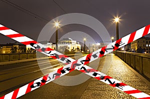 Coronavirus in Prague, Czech Republic. Night view of Prague. Quarantine sign. Concept of COVID pandemic and travel in Europe