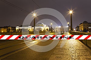 Coronavirus in Prague, Czech Republic. Night view of Prague. Quarantine sign. Concept of COVID pandemic and travel in Europe