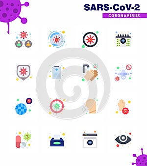 Coronavirus Precaution Tips icon for healthcare guidelines presentation 16 Flat Color icon pack such as time, calendar, covid,