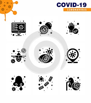 Coronavirus Precaution Tips icon for healthcare guidelines presentation 9 Solid Glyph Black icon pack such as eye, travel, rx,