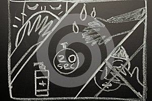 Coronavirus precautions drawn on a blackboard with chalk. virus informing news