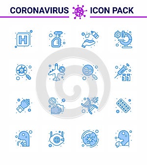 Coronavirus Prevention 25 icon Set Blue. devirus, microscope, alcohol, laboratory, washing