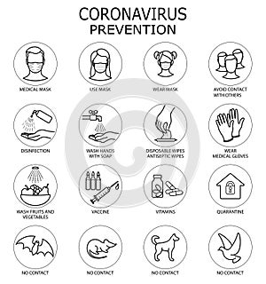 Coronavirus Prevention. Coronavirus icon set for infographic or website.