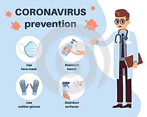 Coronavirus prevention. Doctor explain how to prevent Covid-19, using medical mask, alcohol sanitizer and gloves, stop