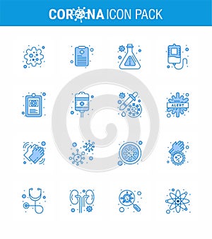 Coronavirus Prevention 25 icon Set Blue. drip, hospital chart, lab, health, donation