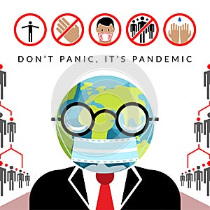 Coronavirus prevention icons set with character with head like a Earth globe in face mask and jacket. Dont panic and