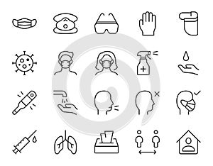 Coronavirus prevention line icon. Minimal vector illustration with simple outline icons as surgical face mask, gloves photo