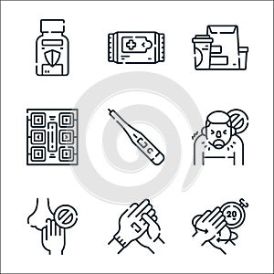 Coronavirus prevention line icons. linear set. quality vector line set such as handwash, rubber gloves, do not touch, cough,