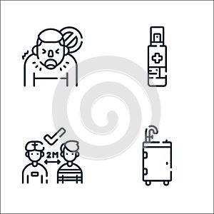 coronavirus prevention line icons. linear set. quality vector line set such as portable, physical, hand sanitizer