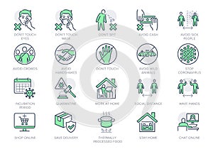 Coronavirus prevention line icons. Vector illustration include icon - social distance, quarantine violation, incubation