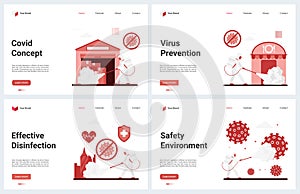 Coronavirus prevention, preventive measures to disinfect viral infection landing page set