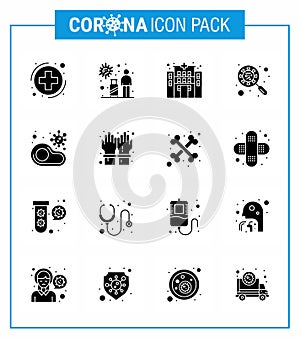 Coronavirus Prevention Set Icons. 16 Solid Glyph Black icon such as virus, interfac, virus, glass, scan virus
