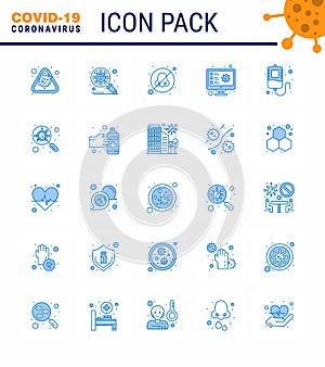 Coronavirus Prevention Set Icons. 25 Blue icon such as virus, screening, security, computer, otolaryngologist