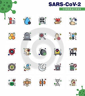 Coronavirus Prevention Set Icons. 25 Flat Color Filled Line icon such as hand, hand spray, light, love, care