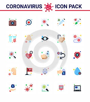 Coronavirus Prevention Set Icons. 25 Flat Color icon such as tubes, chemistry, search, virus, protection
