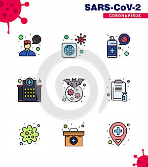 Coronavirus Prevention Set Icons. 9 Filled Line Flat Color icon such as carrier, nursing, spray, medical, healthcare