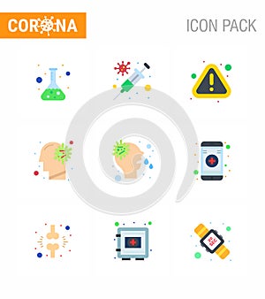 Coronavirus Prevention Set Icons. 9 Flat Color icon such as allergy, virus, error, ilness, cold