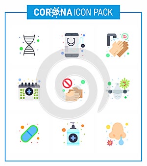 Coronavirus Prevention Set Icons. 9 Flat Color icon such as hand, time, hands, medical, appointment