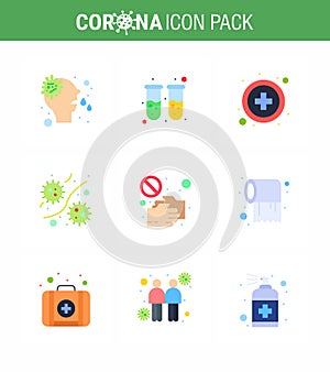 Coronavirus Prevention Set Icons. 9 Flat Color icon such as hand, viruses, healthcare, plasm, germs
