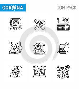 Coronavirus Prevention Set Icons. 9 Line icon such as  bacteria, sick, attach, virus, survice