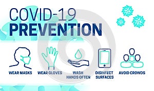 Coronavirus Prevention Wear Masks, Gloves, Wash Hands, Disinfect, Avoid Crowds Illustration photo