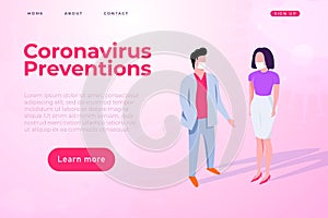 Coronavirus preventions illustration with two people protected himself from covid 19 by masks