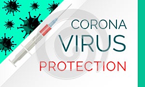 Coronavirus protection concept banner. Design with viral cells and syringe with vaccine injection. Drug packaging template for